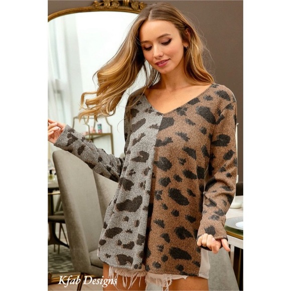 Gray and Mocha Leopard print V-neck soft rib knit. NWT Animal print - Picture 4 of 16